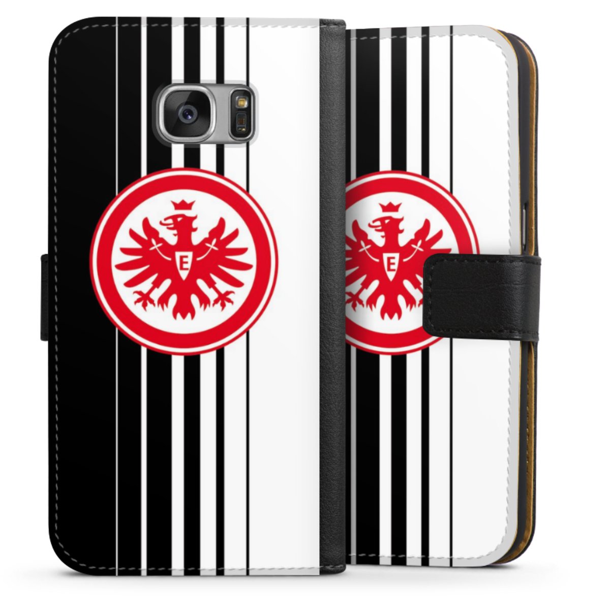 Galaxy S7 Handy Klapphülle Handyhülle aus Kunst Leder schwarz Flip Case Stripes Eintracht Frankfurt Official Licensed Product Sideflip mit Lasche