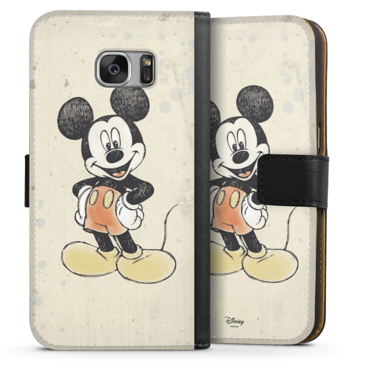 Galaxy S7 Handy Klapphülle Handyhülle aus Kunst Leder schwarz Flip Case Water Colour Mickey & Minnie Mouse Official Licensed Product Sideflip mit Lasche