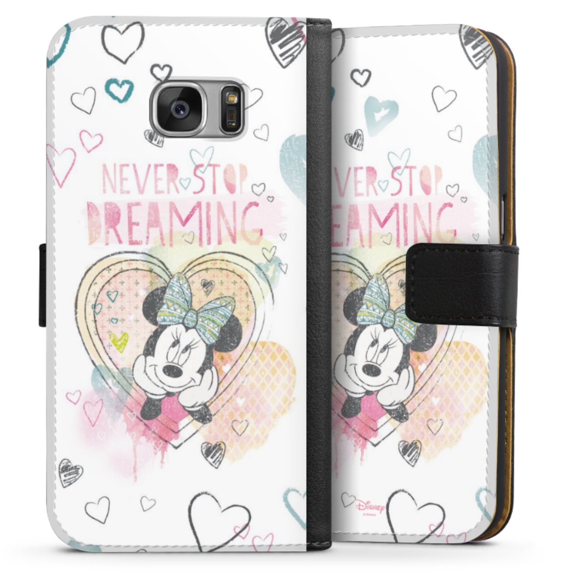 Galaxy S7 Handy Klapphülle Handyhülle aus Kunst Leder schwarz Flip Case Disney Official Licensed Product Minnie Mouse Sideflip mit Lasche