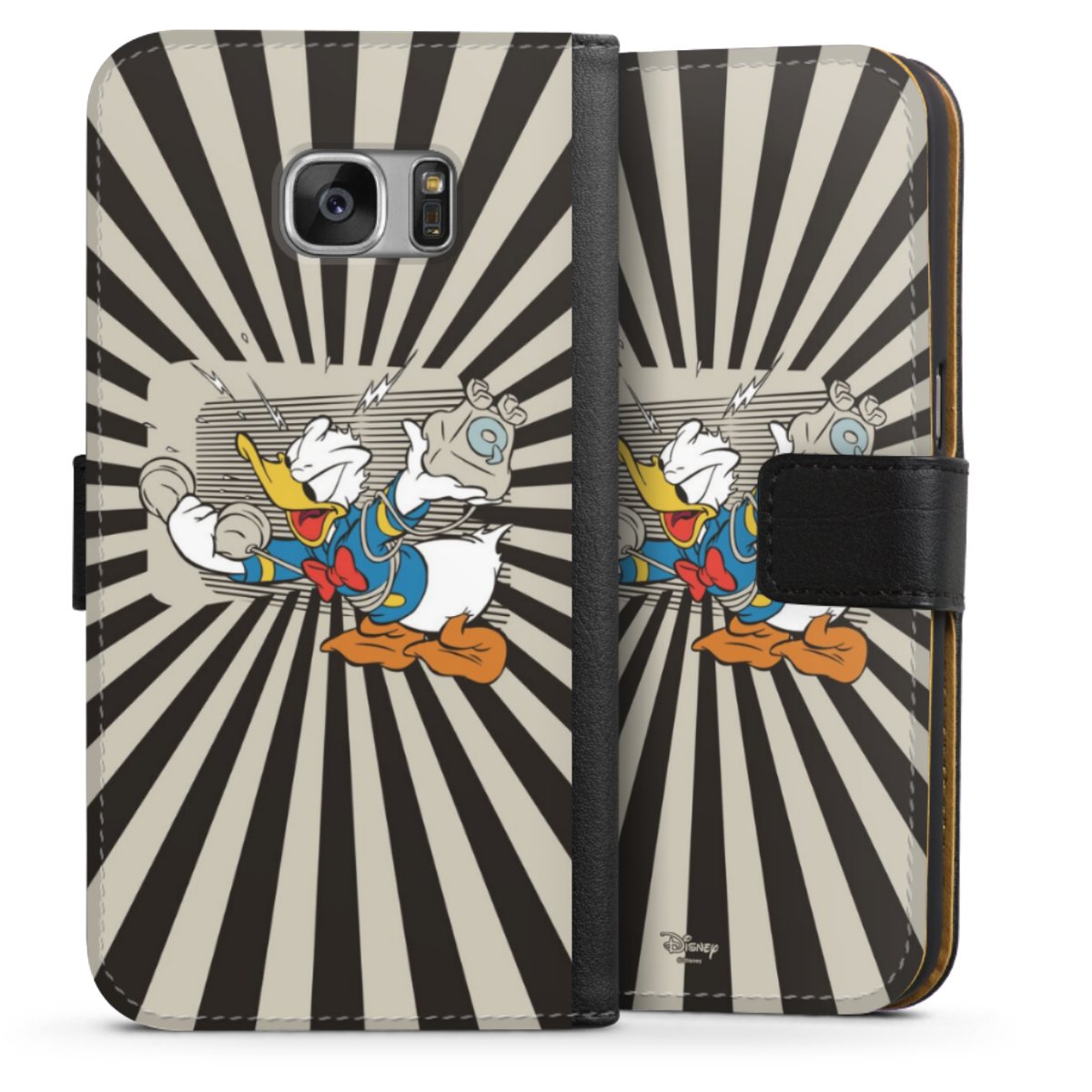 Galaxy S7 Handy Klapphülle Handyhülle aus Kunst Leder schwarz Flip Case Donald Duck Disney Official Licensed Product Sideflip mit Lasche