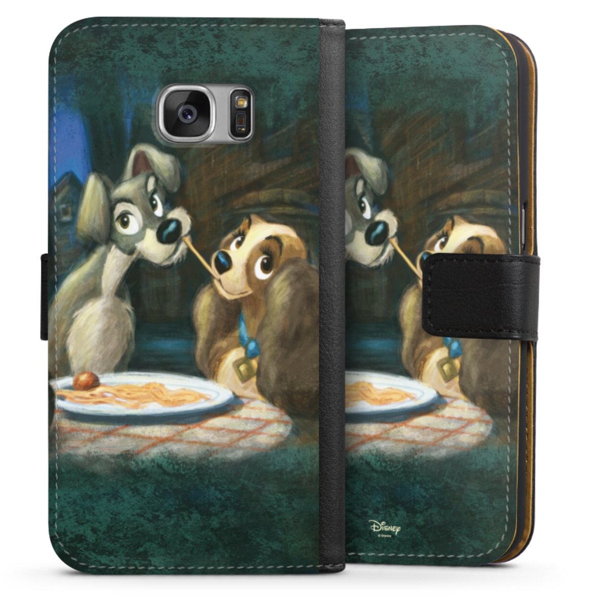 Galaxy S7 Handy Klapphülle Handyhülle aus Kunst Leder schwarz Flip Case Lady And The Tramp Official Licensed Product Disney Sideflip mit Lasche