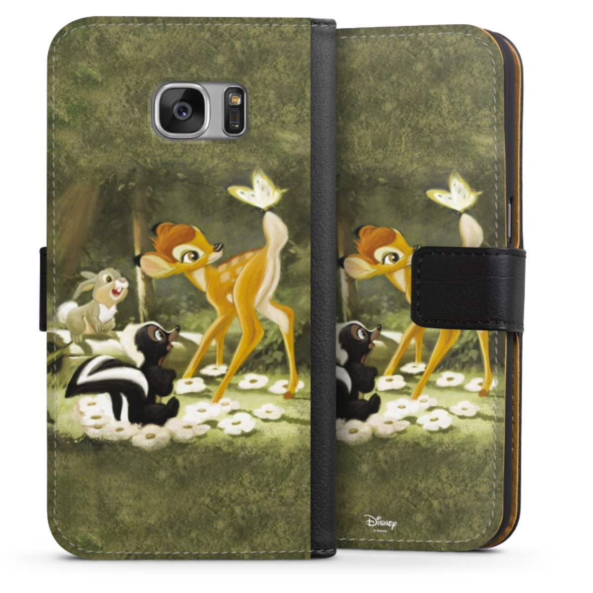 Galaxy S7 Handy Klapphülle Handyhülle aus Kunst Leder schwarz Flip Case Disney Official Licensed Product Bambi Sideflip mit Lasche