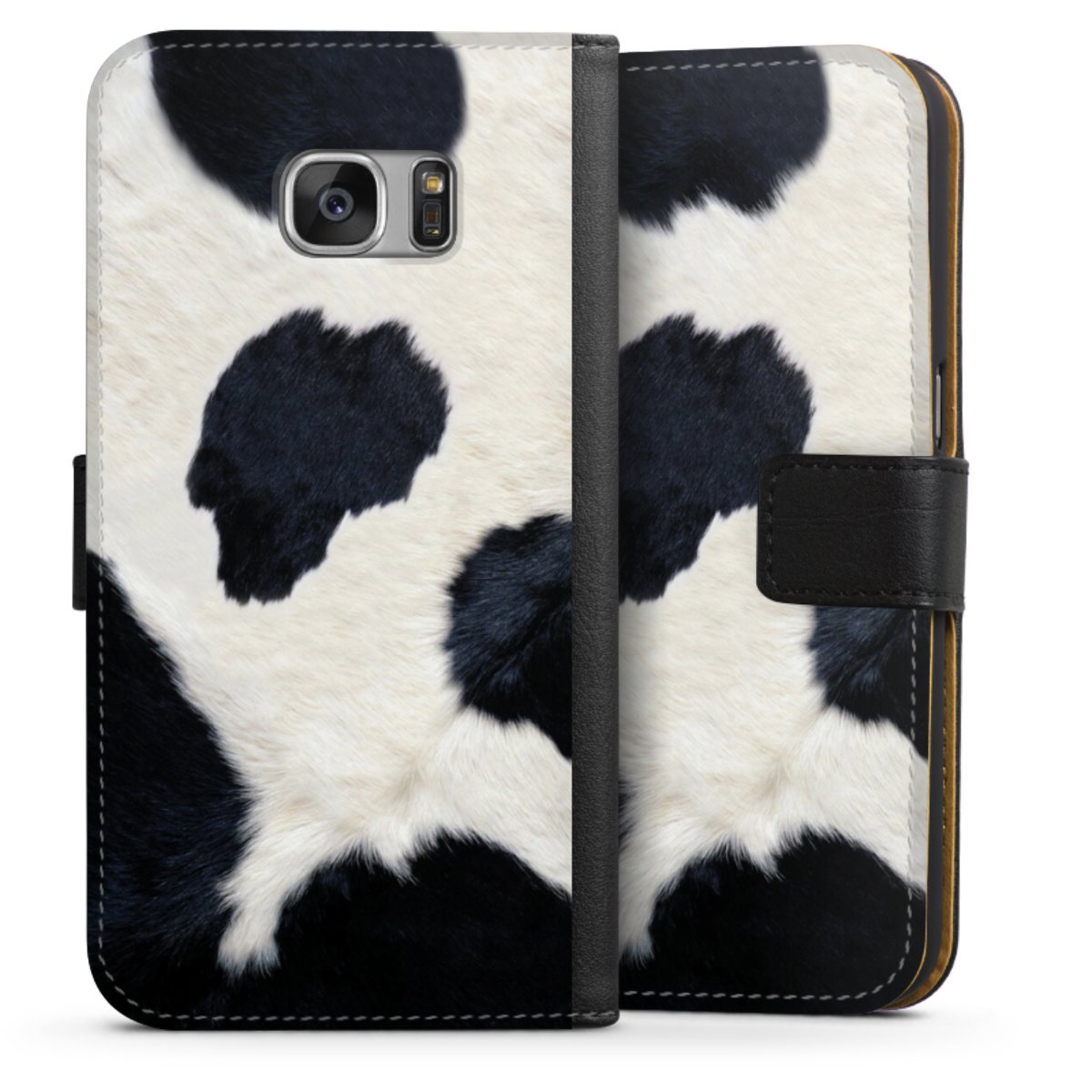 Galaxy S7 Handy Klapphülle Handyhülle aus Kunst Leder schwarz Flip Case Animal Look Animal Print Cow Skin Sideflip mit Lasche