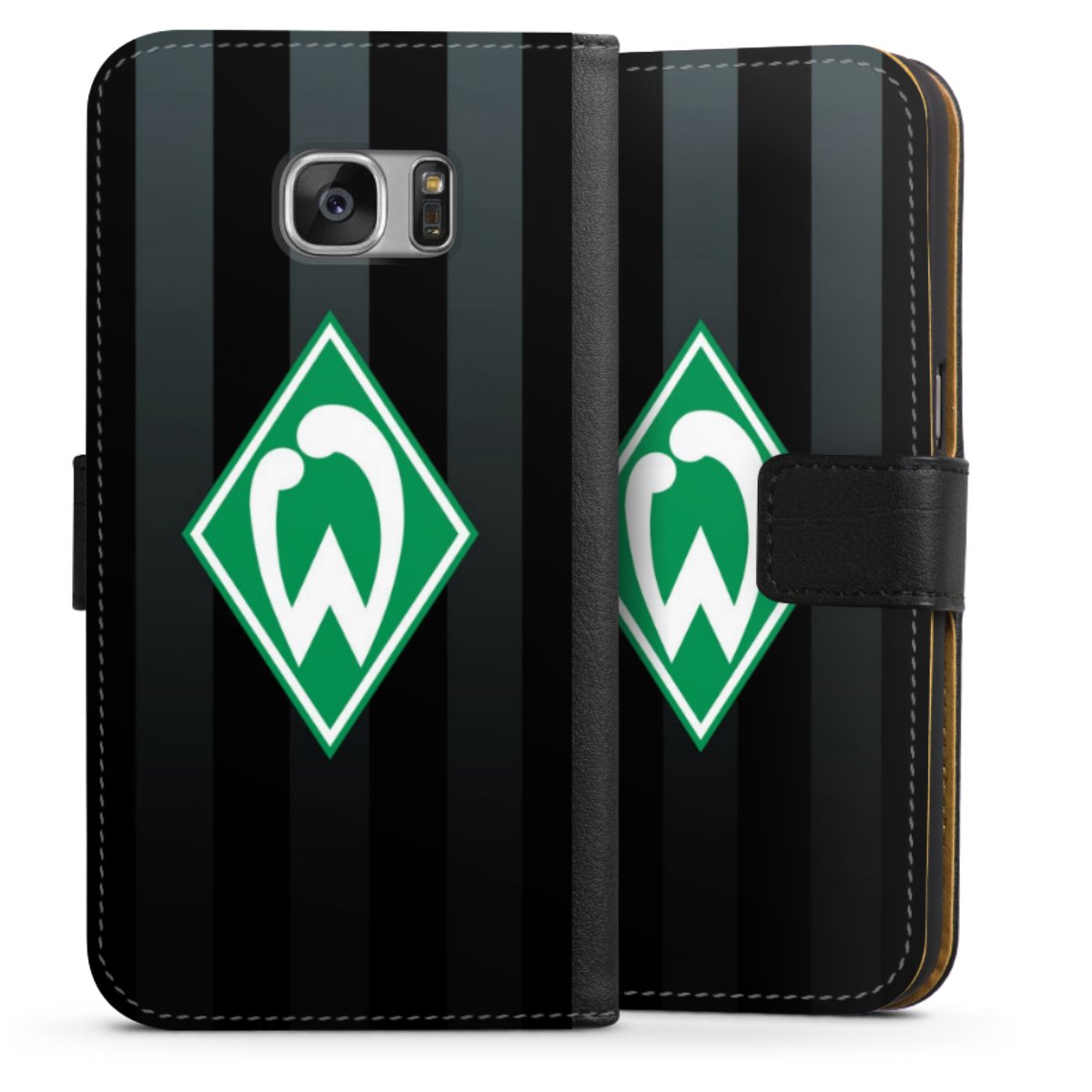 Galaxy S7 Handy Klapphülle Handyhülle aus Kunst Leder schwarz Flip Case Stripes Sv Werder Bremen Official Licensed Product Sideflip mit Lasche