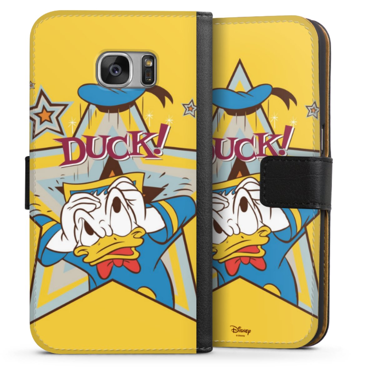 Galaxy S7 Handy Klapphülle Handyhülle aus Kunst Leder schwarz Flip Case Official Licensed Product Donald Duck Disney Sideflip mit Lasche