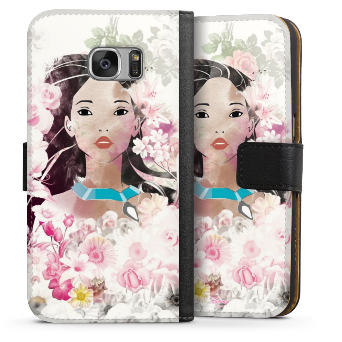 Galaxy S7 Handy Klapphülle Handyhülle aus Kunst Leder schwarz Flip Case Pocahontas Official Licensed Product Disney Sideflip mit Lasche