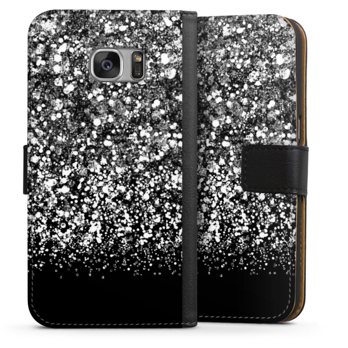 Galaxy S7 Handy Klapphülle Handyhülle aus Kunst Leder schwarz Flip Case Glitzer Snowflake Muster Sideflip mit Lasche