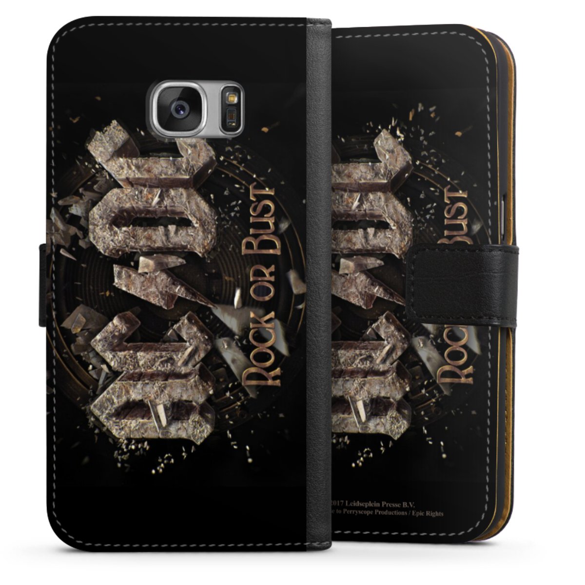 Galaxy S7 Handy Klapphülle Handyhülle aus Kunst Leder schwarz Flip Case Acdc Official Licensed Product Rock Or Bust Sideflip mit Lasche