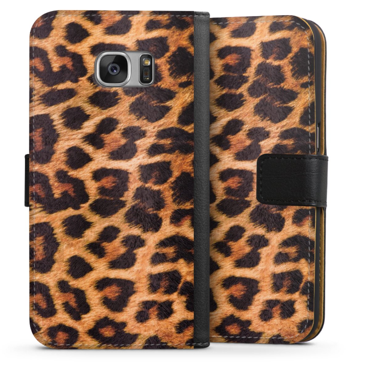 Galaxy S7 Handy Klapphülle Handyhülle aus Kunst Leder schwarz Flip Case Animal Print Leopard Fur Sideflip mit Lasche