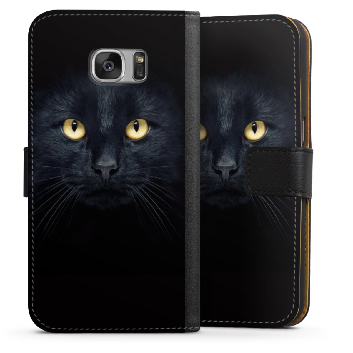 Galaxy S7 Handy Klapphülle Handyhülle aus Kunst Leder schwarz Flip Case Eye Cat Black Sideflip mit Lasche