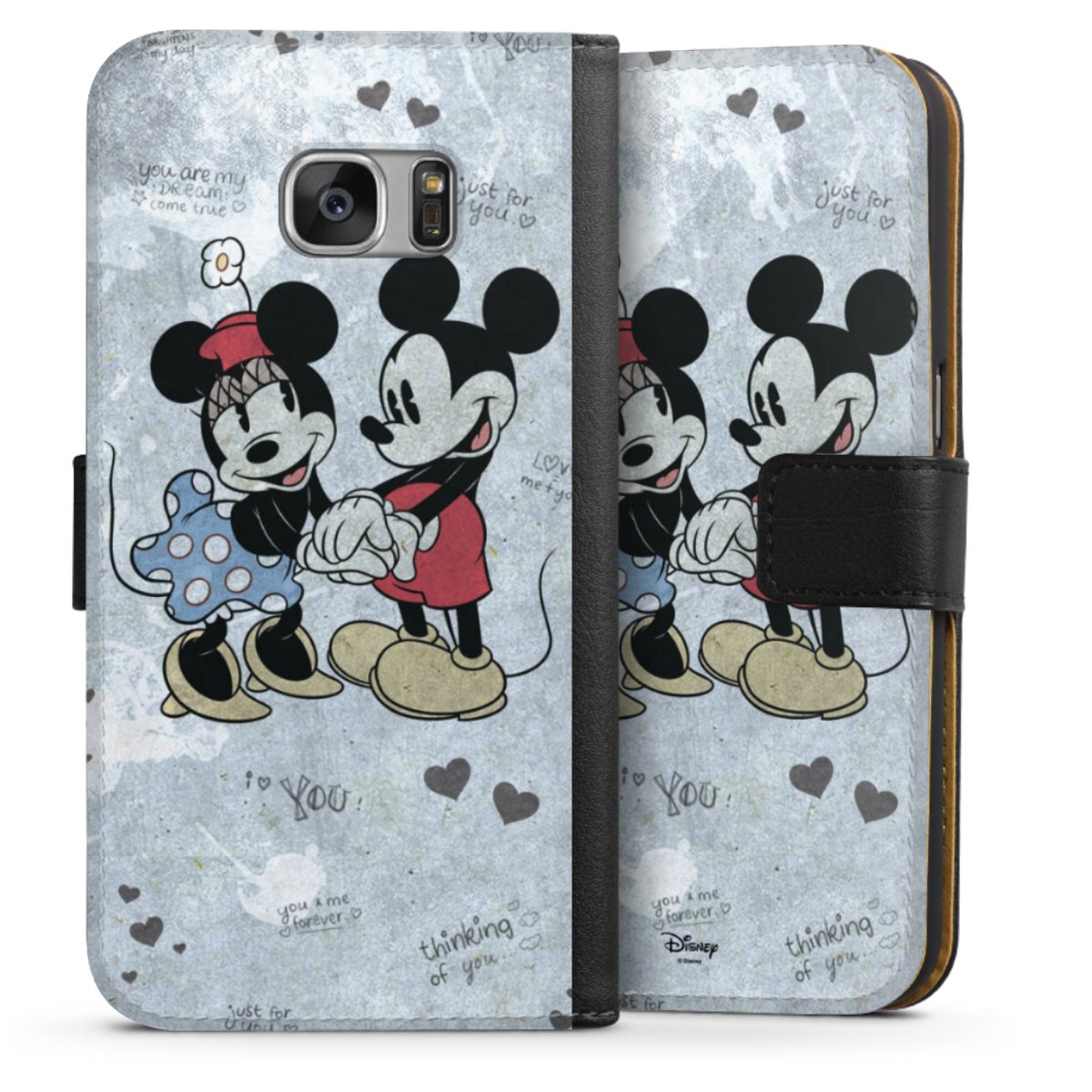 Galaxy S7 Handy Klapphülle Handyhülle aus Kunst Leder schwarz Flip Case Mickey & Minnie Mouse Vintage Disney Sideflip mit Lasche