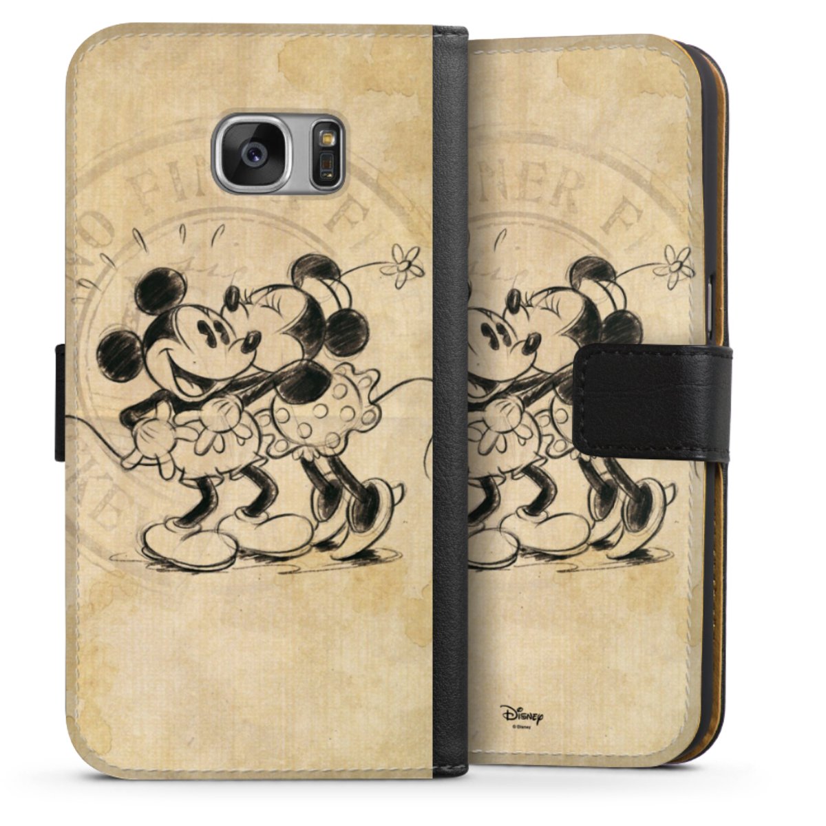 Galaxy S7 Handy Klapphülle Handyhülle aus Kunst Leder schwarz Flip Case Mickey Mouse Vintage Minnie Mouse Sideflip mit Lasche