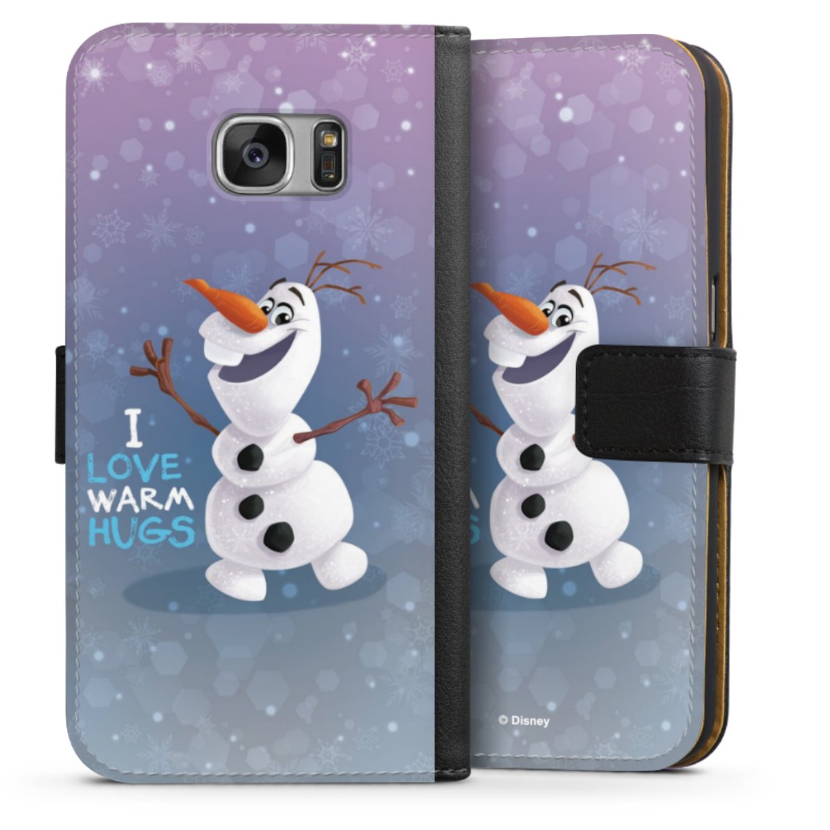 Galaxy S7 Handy Klapphülle Handyhülle aus Kunst Leder schwarz Flip Case Frozen Frozen Olaf Official Licensed Product Sideflip mit Lasche