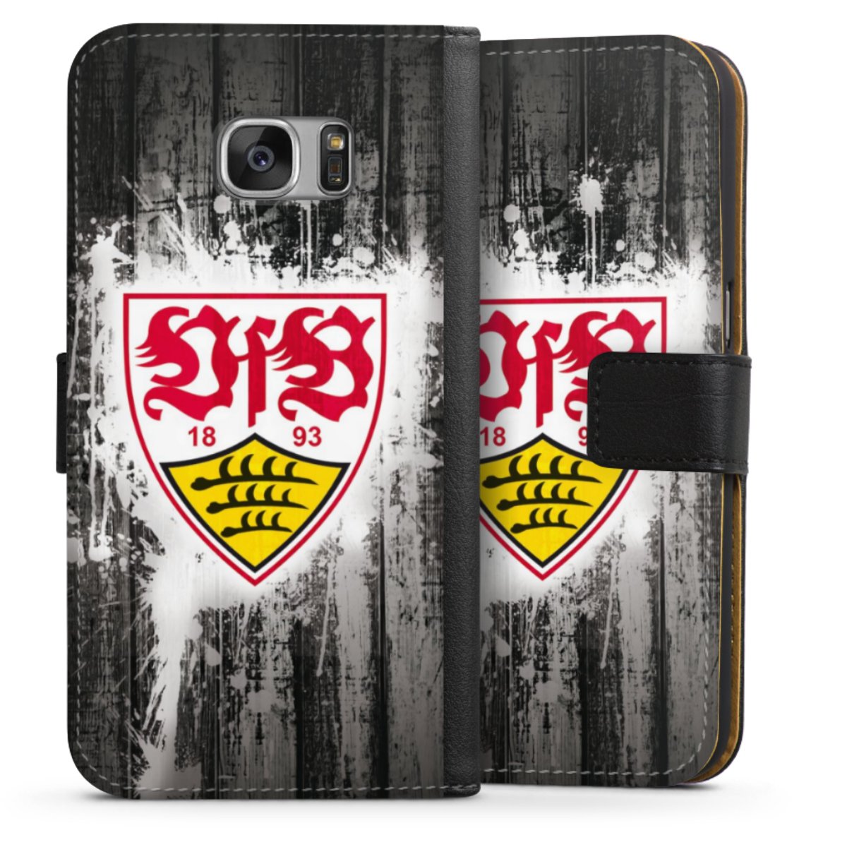 Galaxy S7 Handy Klapphülle Handyhülle aus Kunst Leder schwarz Flip Case Vfb Stuttgart Official Licensed Product Sideflip mit Lasche