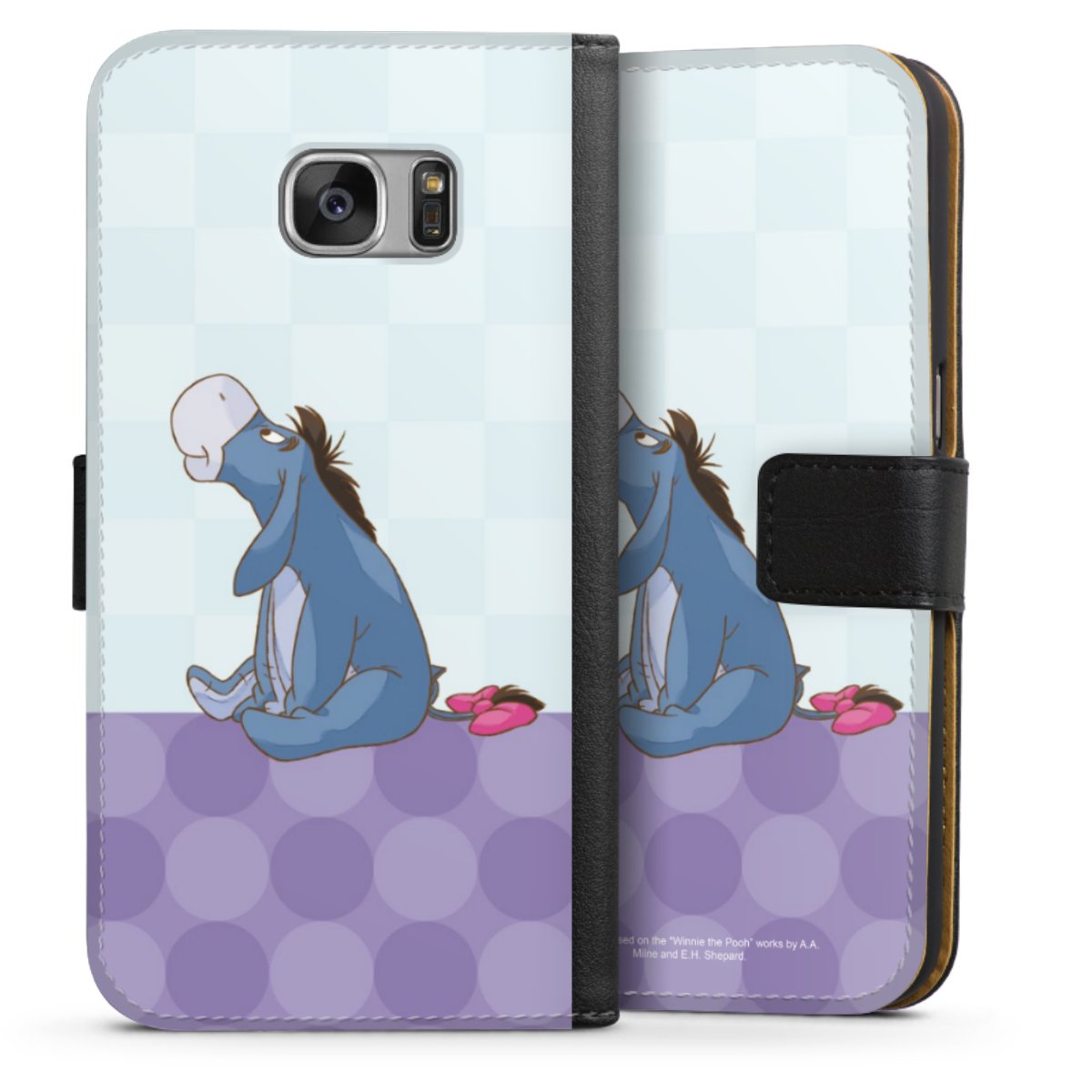 Galaxy S7 Handy Klapphülle Handyhülle aus Kunst Leder schwarz Flip Case Disney Donkey Winnie The Pooh Sideflip mit Lasche