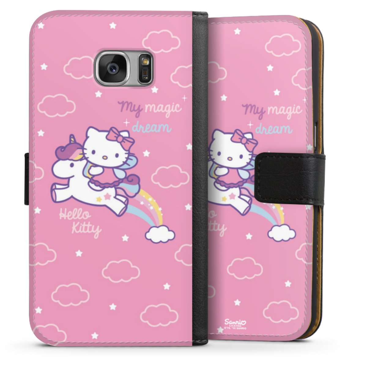 Galaxy S7 Handy Klapphülle Handyhülle aus Kunst Leder schwarz Flip Case Einhorn Official Licensed Product Hello Kitty Sideflip mit Lasche