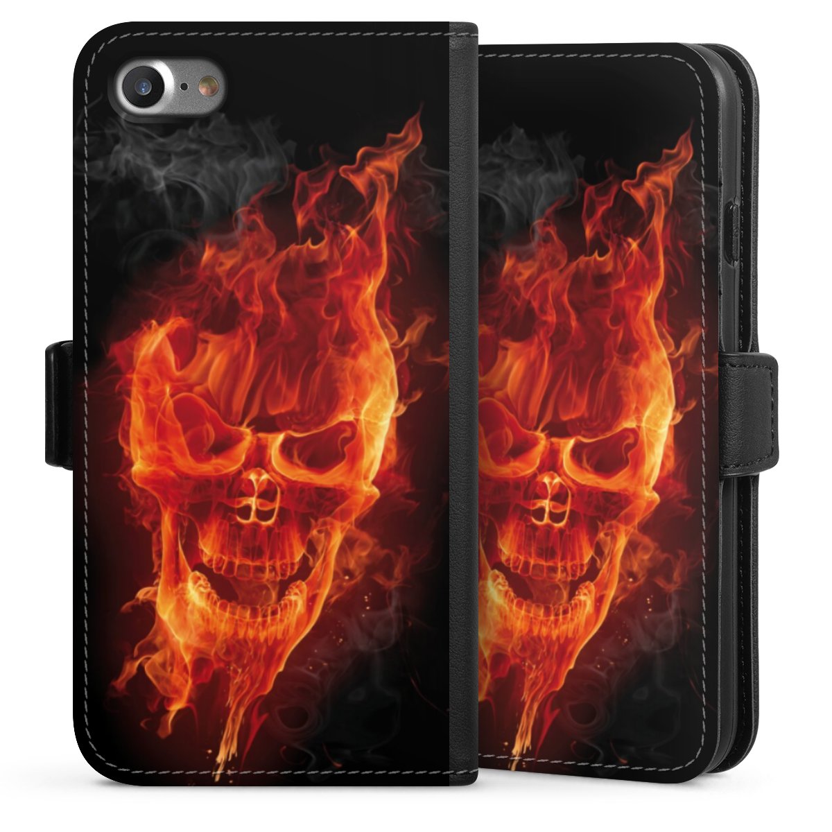 iPhone SE (2020) Handy Klapphülle Handyhülle aus Kunst Leder schwarz Flip Case Totenkopf Skull Fire Sideflip mit Lasche