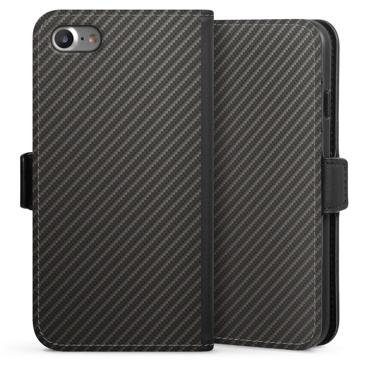 iPhone SE (2020) Handy Klapphülle Handyhülle aus Kunst Leder schwarz Flip Case Metallic Look Carbon Muster Sideflip mit Lasche