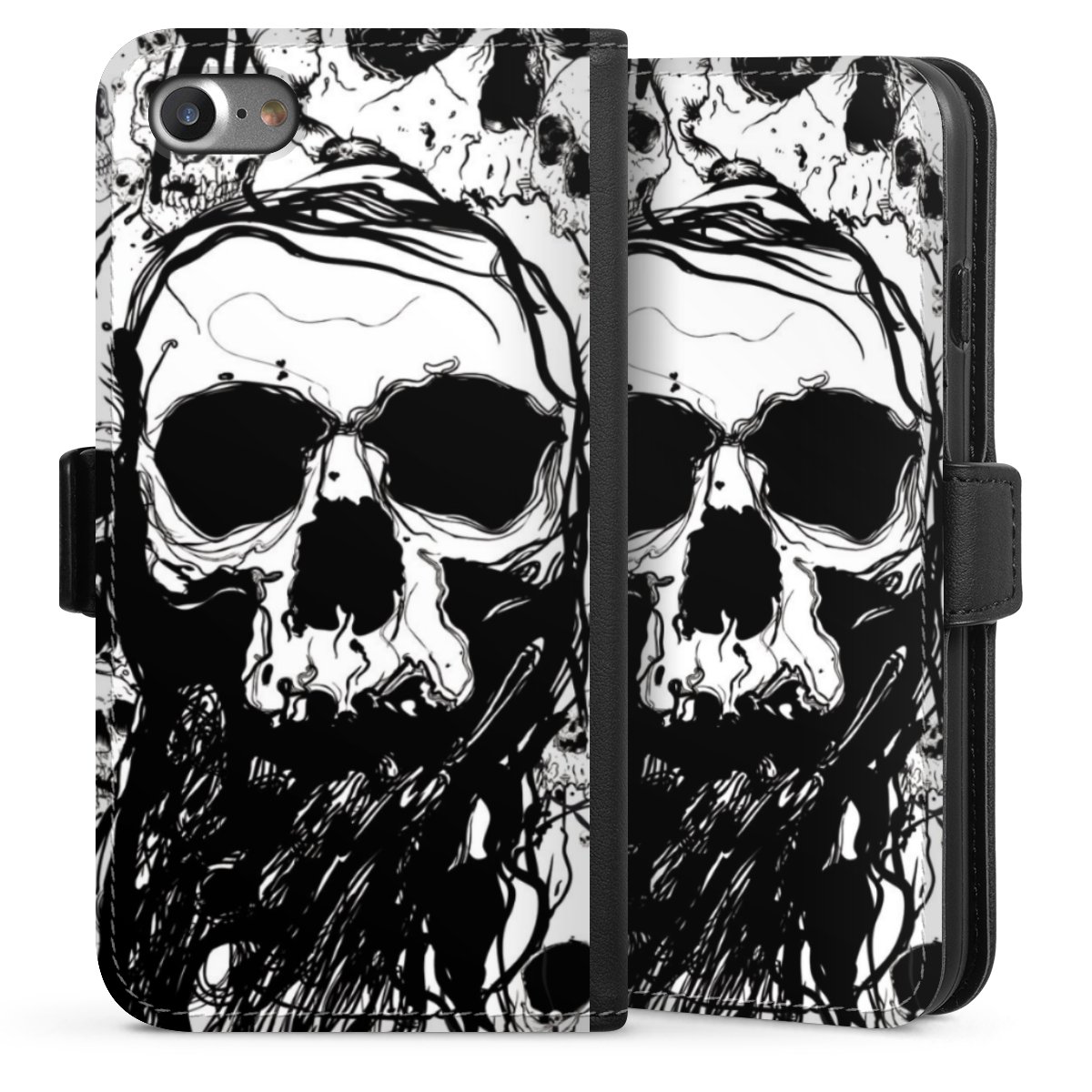 iPhone SE (2020) Handy Klapphülle Handyhülle aus Kunst Leder schwarz Flip Case Totenkopf Halloween Sideflip mit Lasche