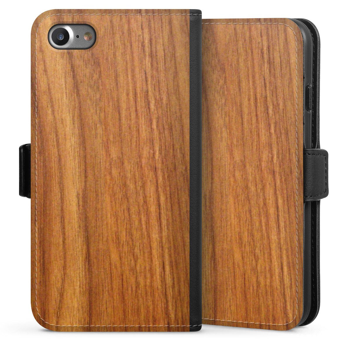 iPhone SE (2020) Handy Klapphülle Handyhülle aus Kunst Leder schwarz Flip Case Wood Larch Wooden Look Sideflip mit Lasche