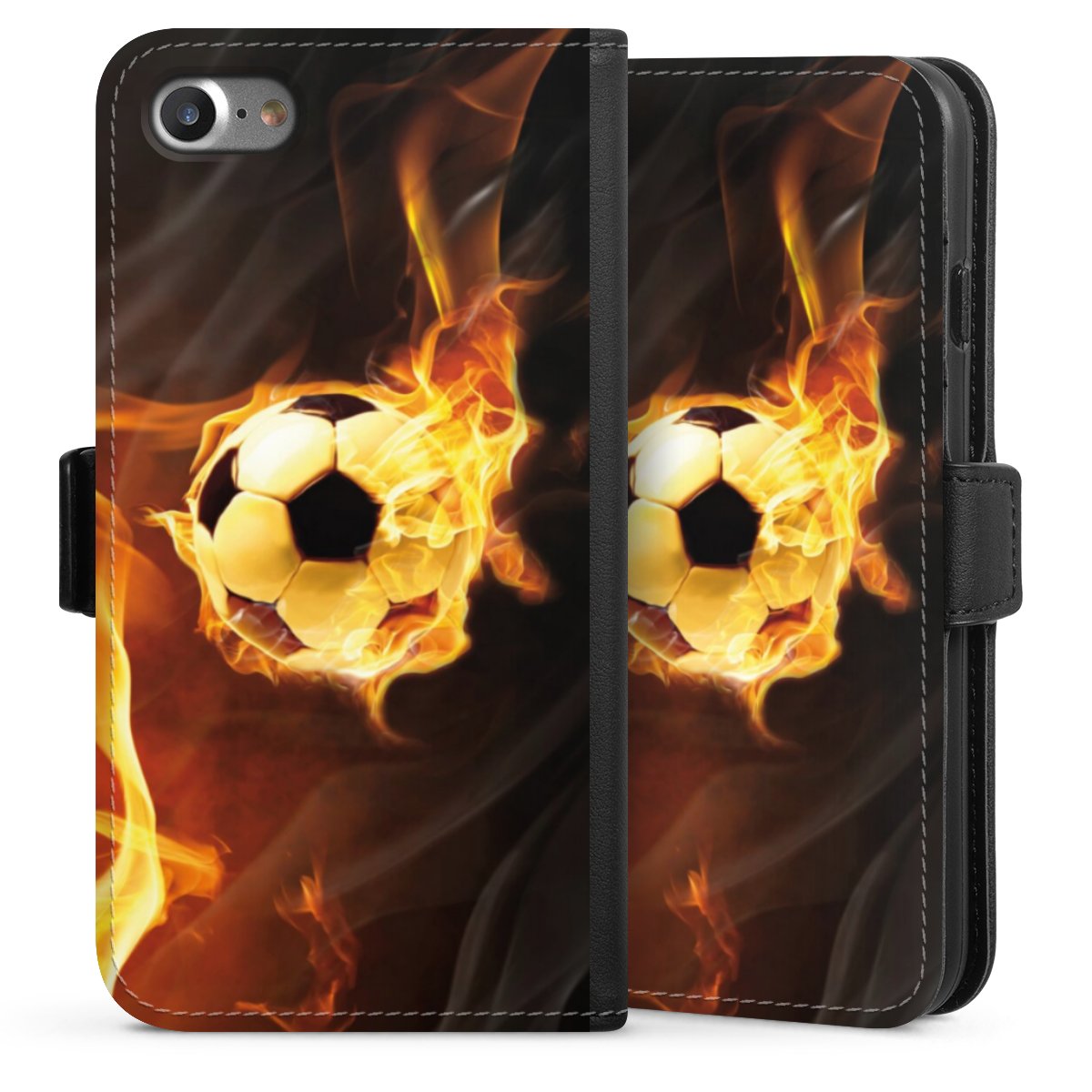 iPhone SE (2020) Handy Klapphülle Handyhülle aus Kunst Leder schwarz Flip Case Ball Fire Soccer Sideflip mit Lasche