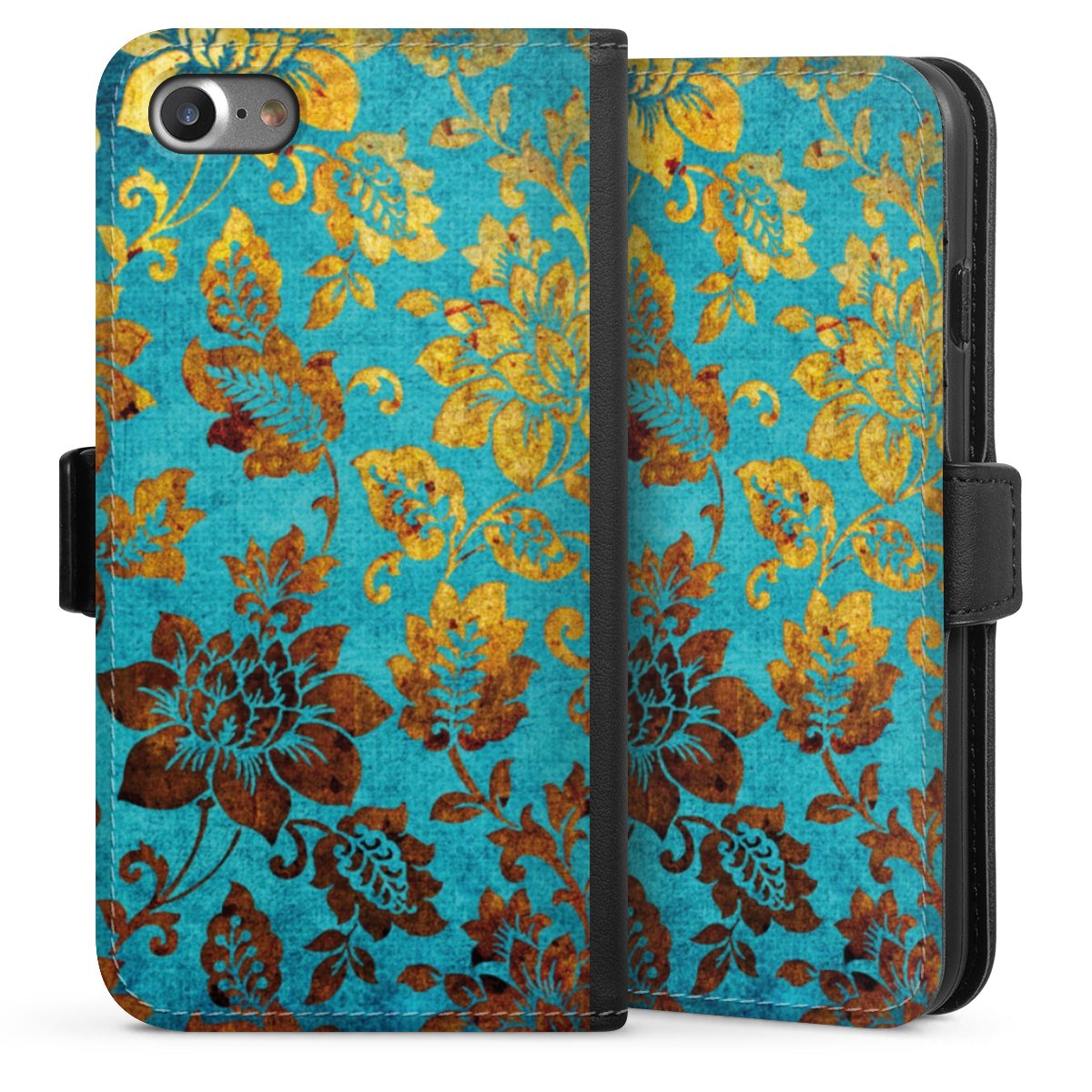 iPhone SE (2020) Handy Klapphülle Handyhülle aus Kunst Leder schwarz Flip Case Ornament Vintage Flowers Sideflip mit Lasche