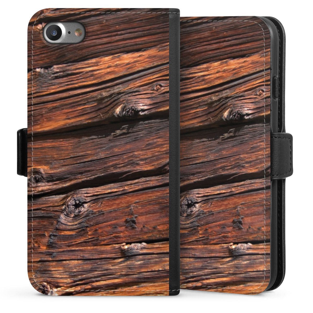 iPhone SE (2020) Handy Klapphülle Handyhülle aus Kunst Leder schwarz Flip Case Beams Wooden Look Wood Sideflip mit Lasche