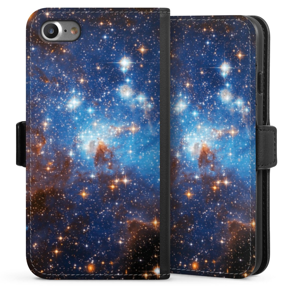 iPhone SE (2020) Handy Klapphülle Handyhülle aus Kunst Leder schwarz Flip Case Star Weltall Galaxy Sideflip mit Lasche