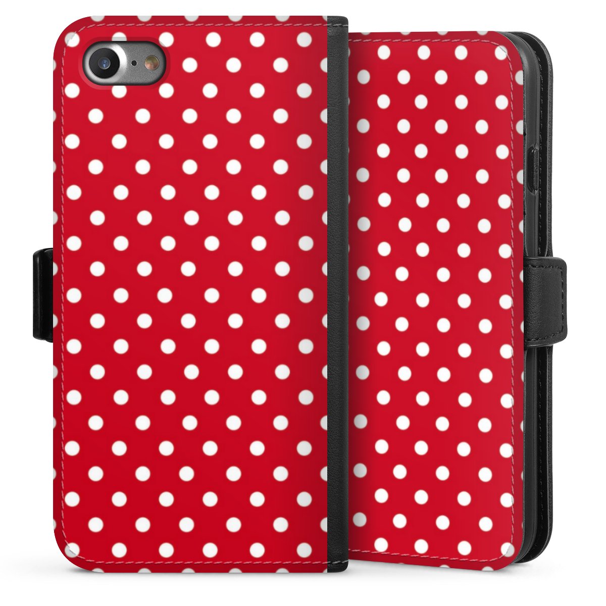 iPhone SE (2020) Handy Klapphülle Handyhülle aus Kunst Leder schwarz Flip Case Points Polka Dots Retro Sideflip mit Lasche