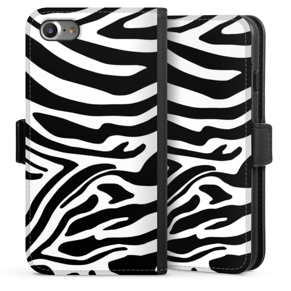 iPhone SE (2020) Handy Klapphülle Handyhülle aus Kunst Leder schwarz Flip Case Zebra Animal Look Animal Print Sideflip mit Lasche