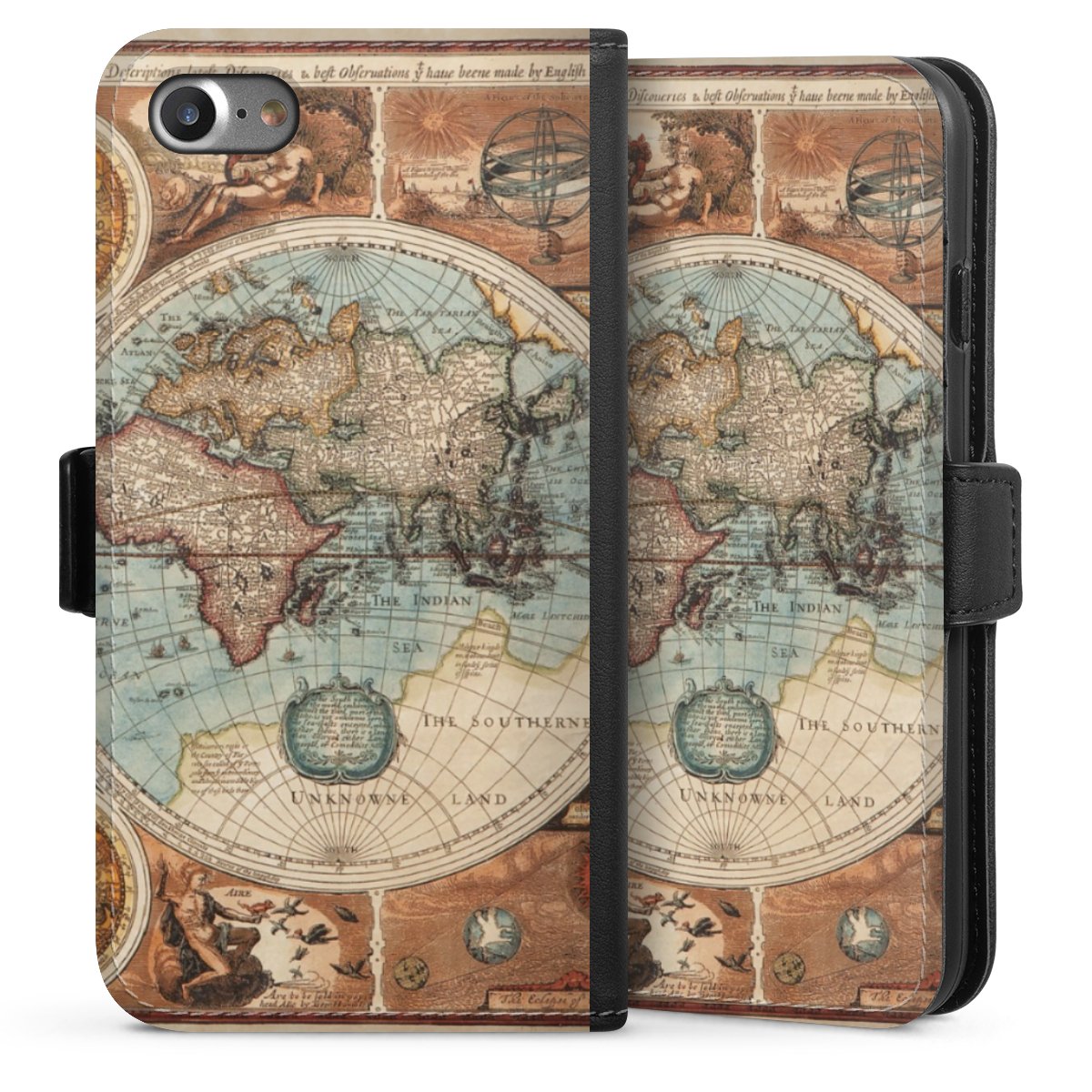 iPhone SE (2020) Handy Klapphülle Handyhülle aus Kunst Leder schwarz Flip Case World Map Vintage Map Sideflip mit Lasche