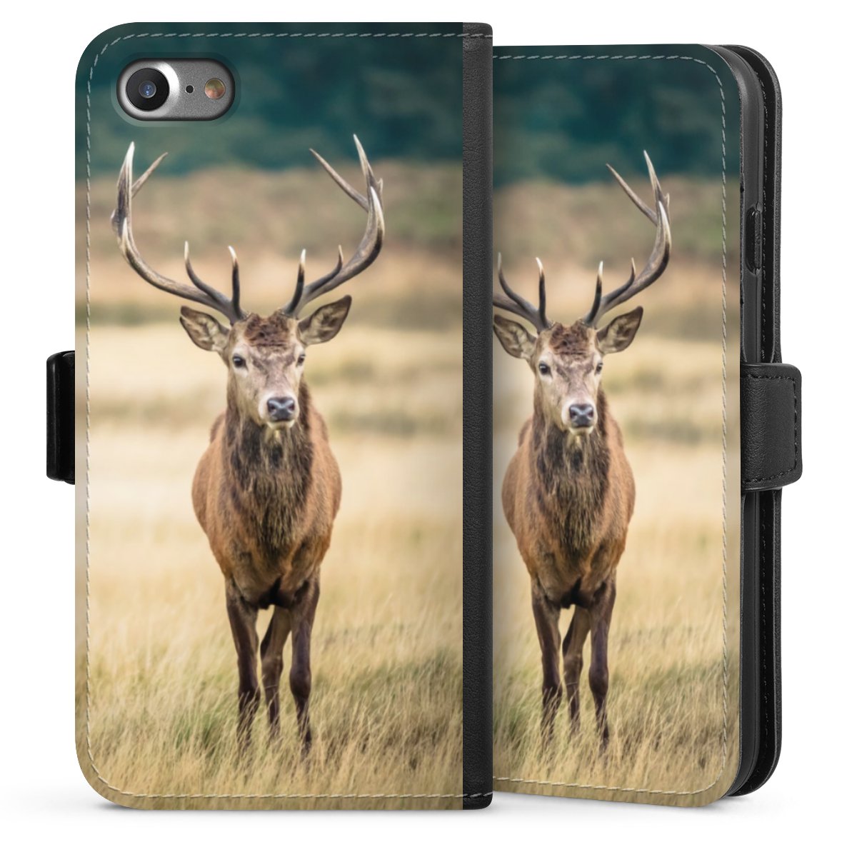 iPhone SE (2020) Handy Klapphülle Handyhülle aus Kunst Leder schwarz Flip Case Deer Meadow Forrest Sideflip mit Lasche