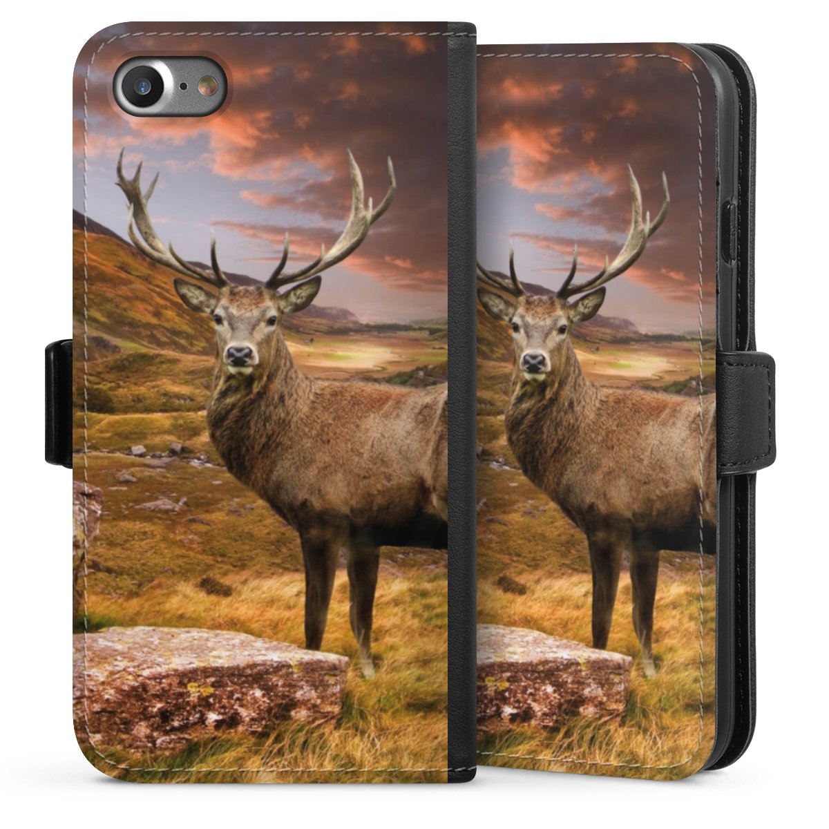 iPhone SE (2020) Handy Klapphülle Handyhülle aus Kunst Leder schwarz Flip Case Meadow Mountain Deer Sideflip mit Lasche