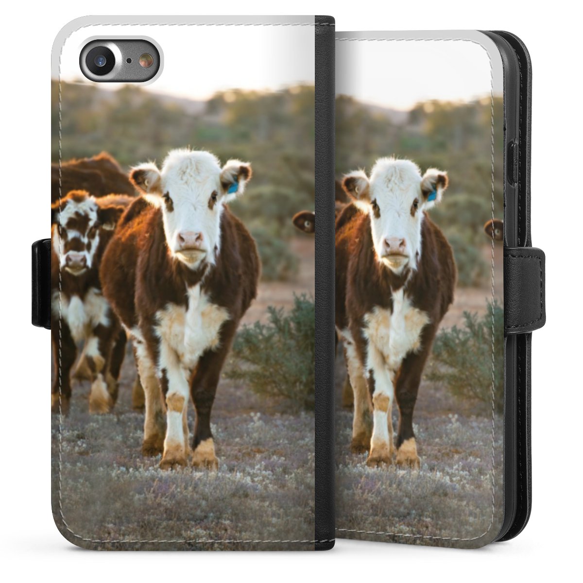 iPhone SE (2020) Handy Klapphülle Handyhülle aus Kunst Leder schwarz Flip Case Cow Farmer Calf Sideflip mit Lasche