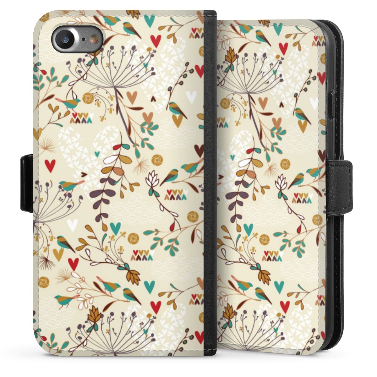 iPhone SE (2020) Handy Klapphülle Handyhülle aus Kunst Leder schwarz Flip Case Bird Flowers Retro Sideflip mit Lasche