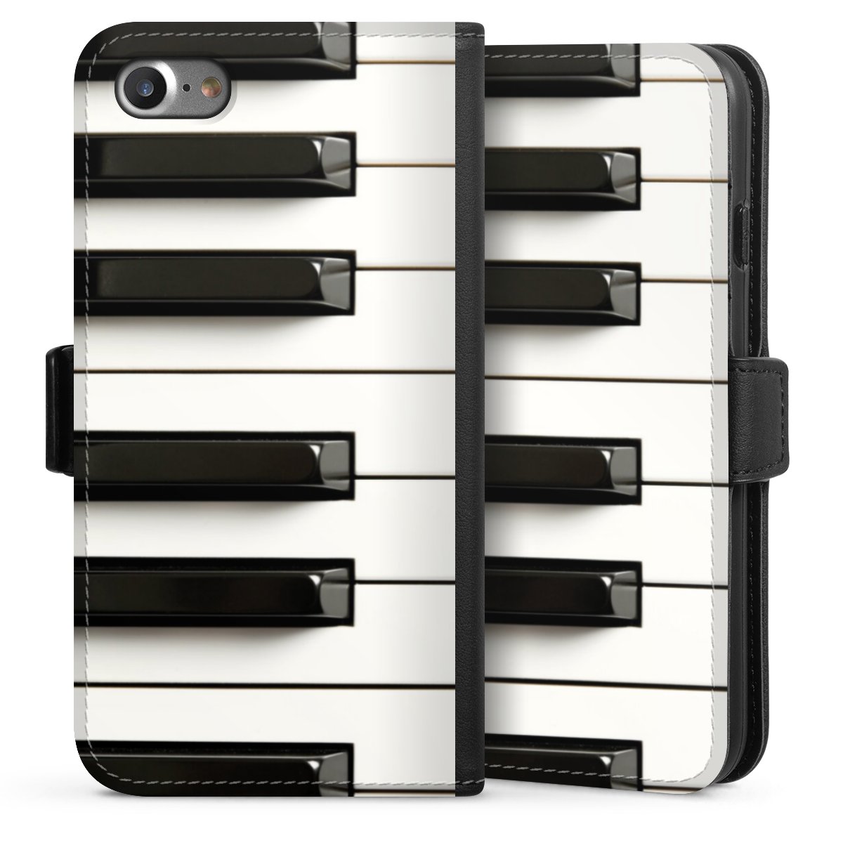 iPhone SE (2020) Handy Klapphülle Handyhülle aus Kunst Leder schwarz Flip Case Klavier Piano Music Sideflip mit Lasche