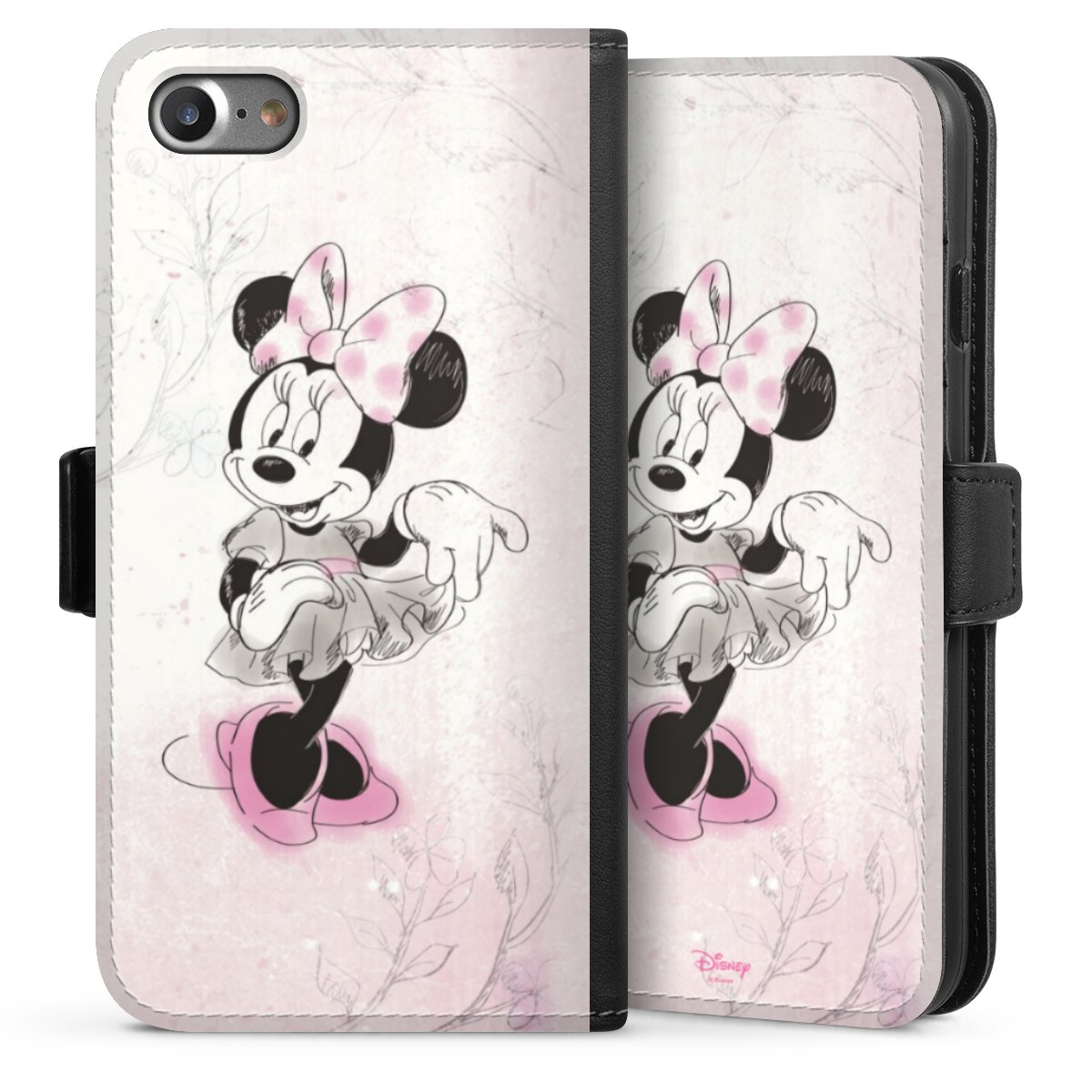 iPhone SE (2020) Handy Klapphülle Handyhülle aus Kunst Leder schwarz Flip Case Disney Minnie Mouse Vintage Sideflip mit Lasche