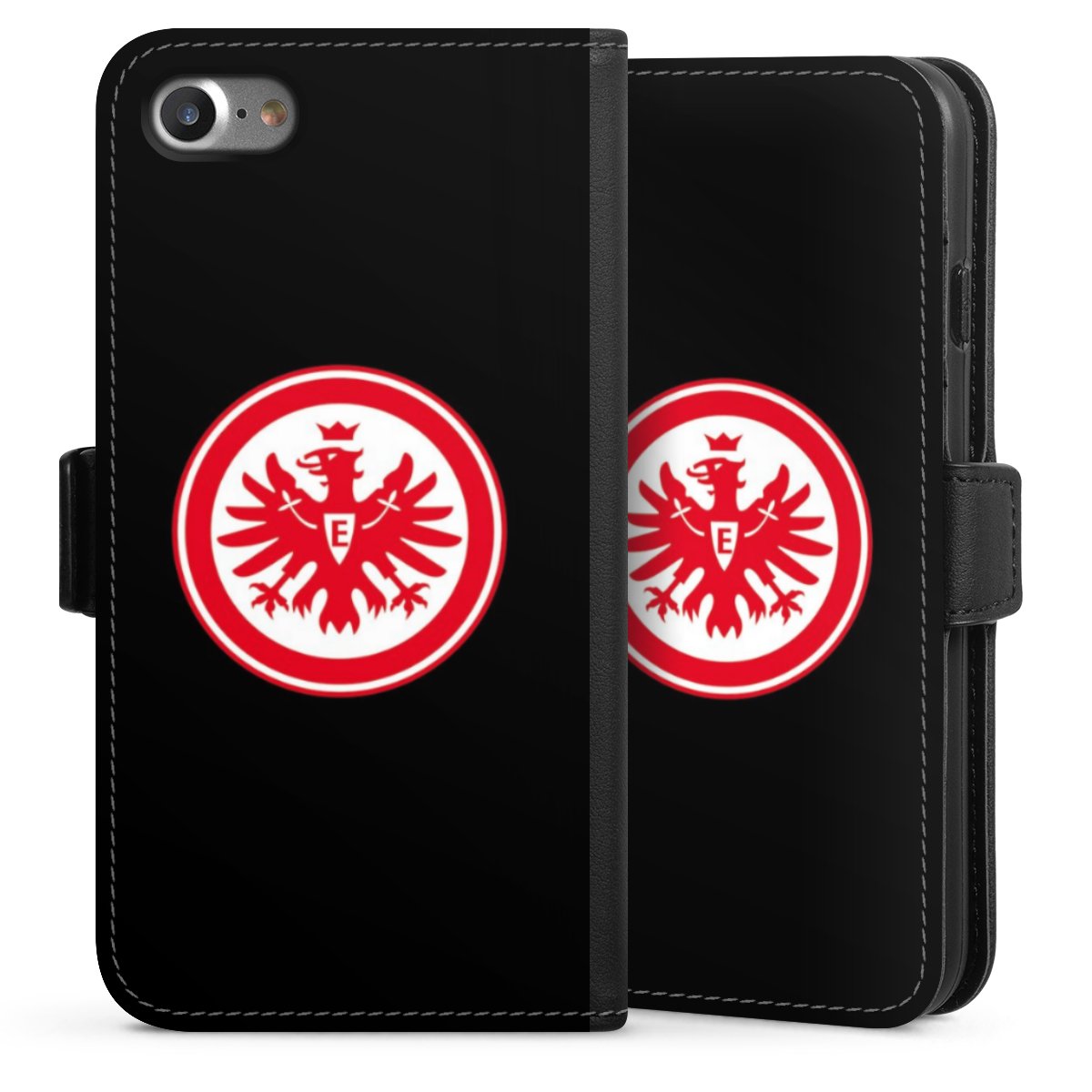 iPhone SE (2020) Handy Klapphülle Handyhülle aus Kunst Leder schwarz Flip Case Eintracht Frankfurt Sge Eagle Sideflip mit Lasche