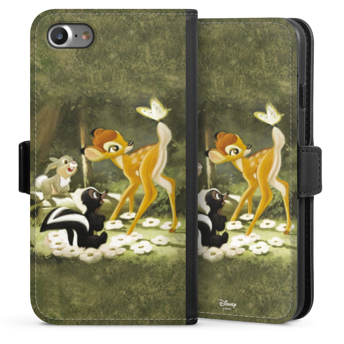 iPhone SE (2020) Handy Klapphülle Handyhülle aus Kunst Leder schwarz Flip Case Disney Official Licensed Product Bambi Sideflip mit Lasche