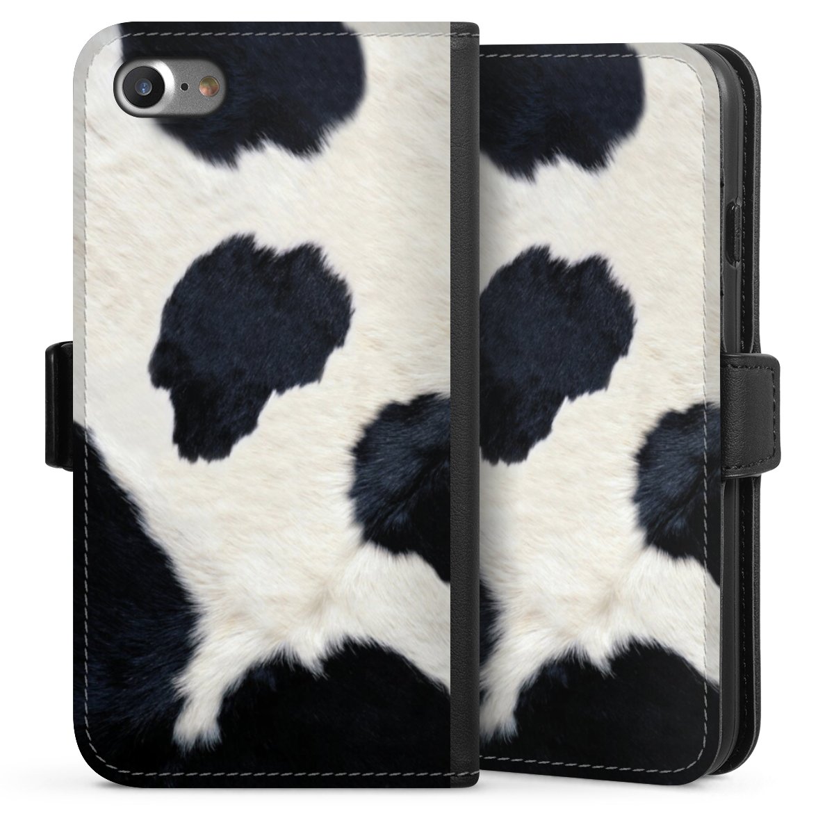 iPhone SE (2020) Handy Klapphülle Handyhülle aus Kunst Leder schwarz Flip Case Animal Look Animal Print Cow Skin Sideflip mit Lasche