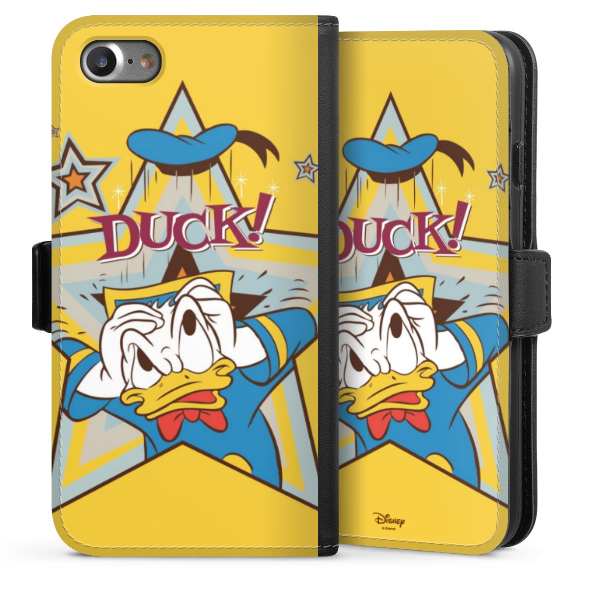 iPhone SE (2020) Handy Klapphülle Handyhülle aus Kunst Leder schwarz Flip Case Official Licensed Product Donald Duck Disney Sideflip mit Lasche