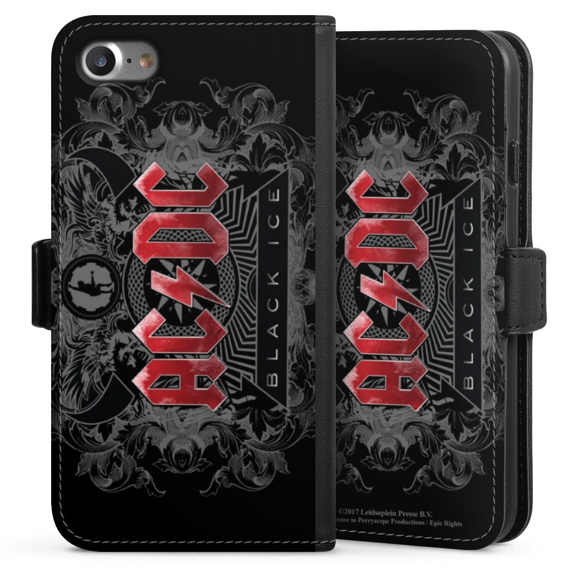 iPhone SE (2020) Handy Klapphülle Handyhülle aus Kunst Leder schwarz Flip Case Merchandise Black Ice Acdc Sideflip mit Lasche