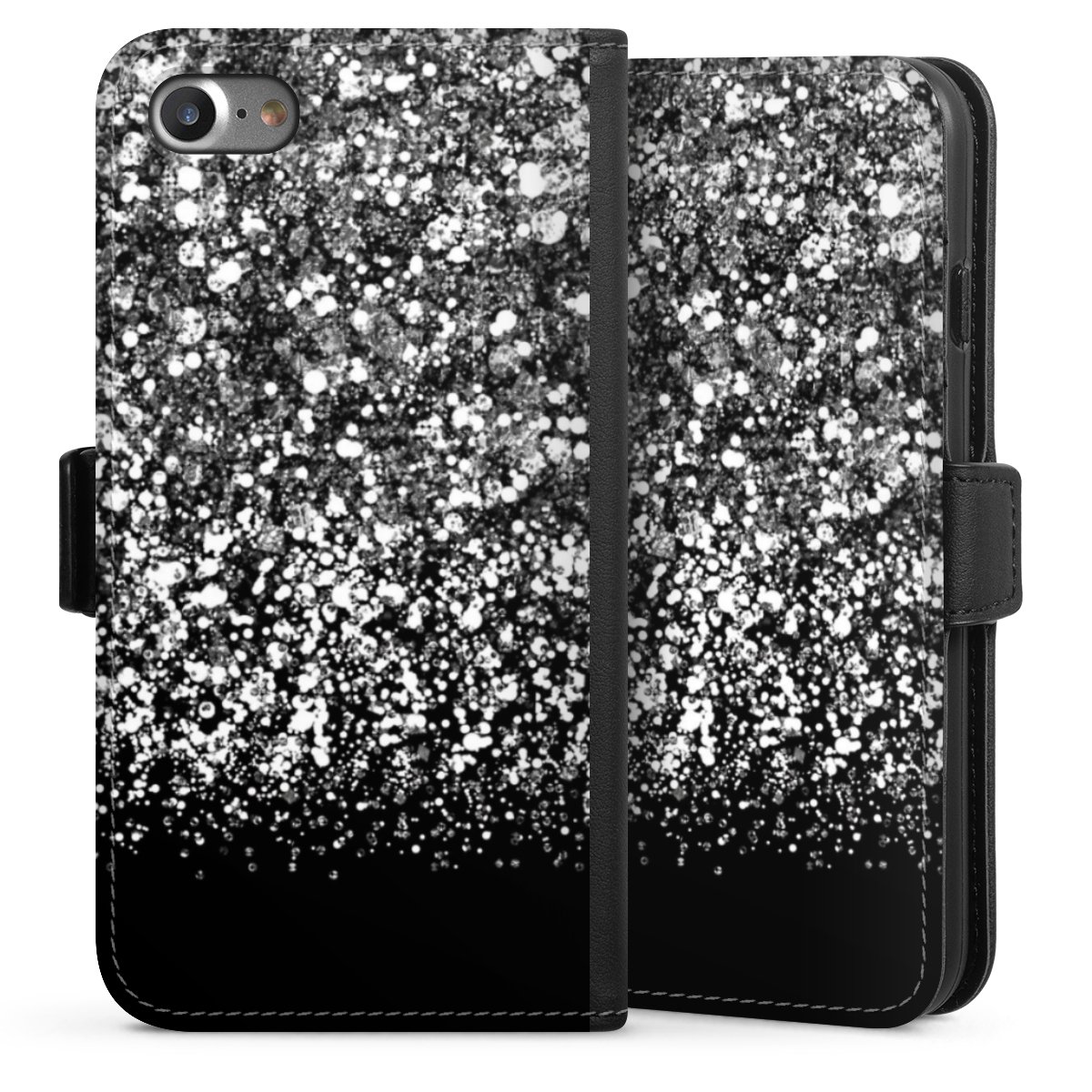 iPhone SE (2020) Handy Klapphülle Handyhülle aus Kunst Leder schwarz Flip Case Glitzer Snowflake Muster Sideflip mit Lasche