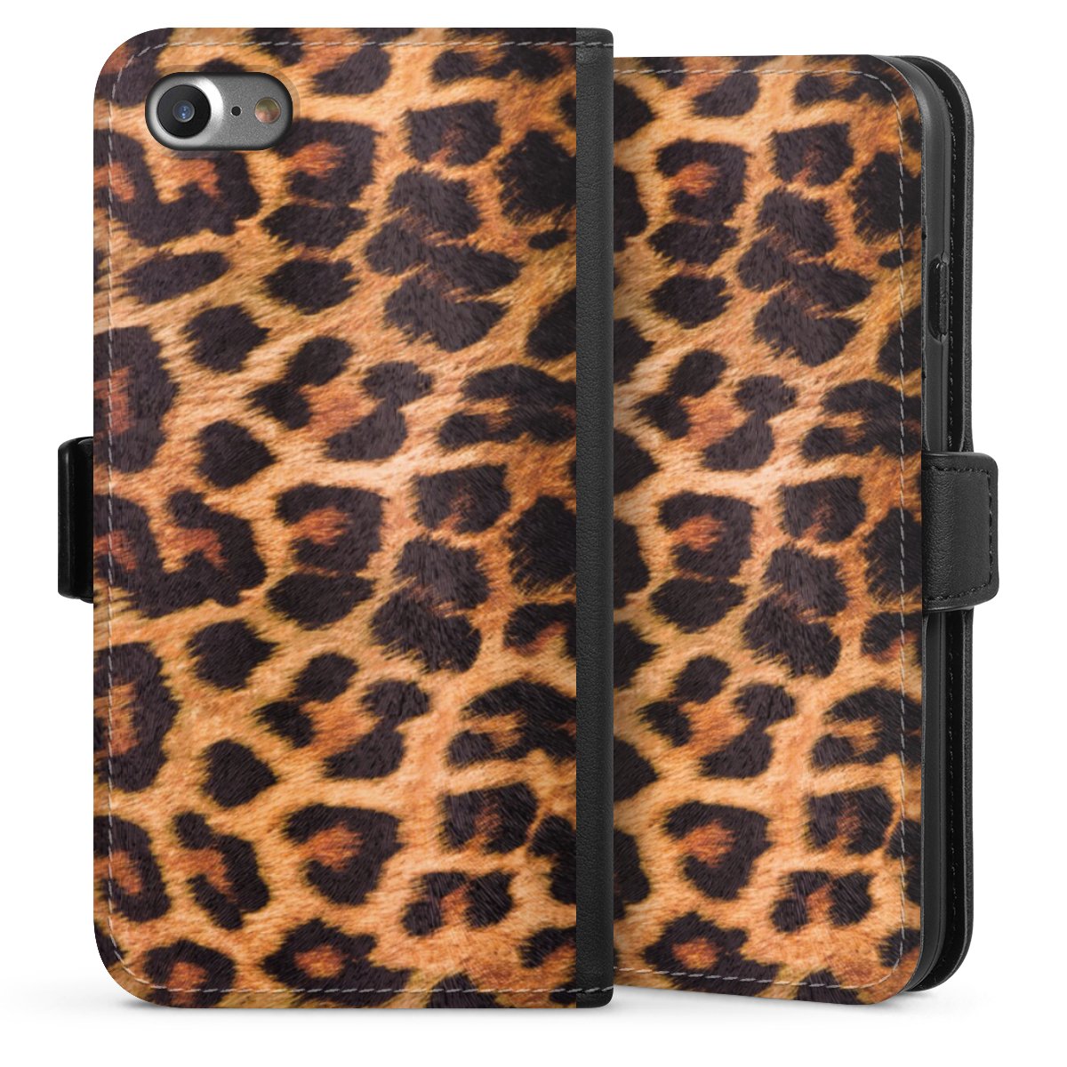 iPhone SE (2020) Handy Klapphülle Handyhülle aus Kunst Leder schwarz Flip Case Animal Print Leopard Fur Sideflip mit Lasche