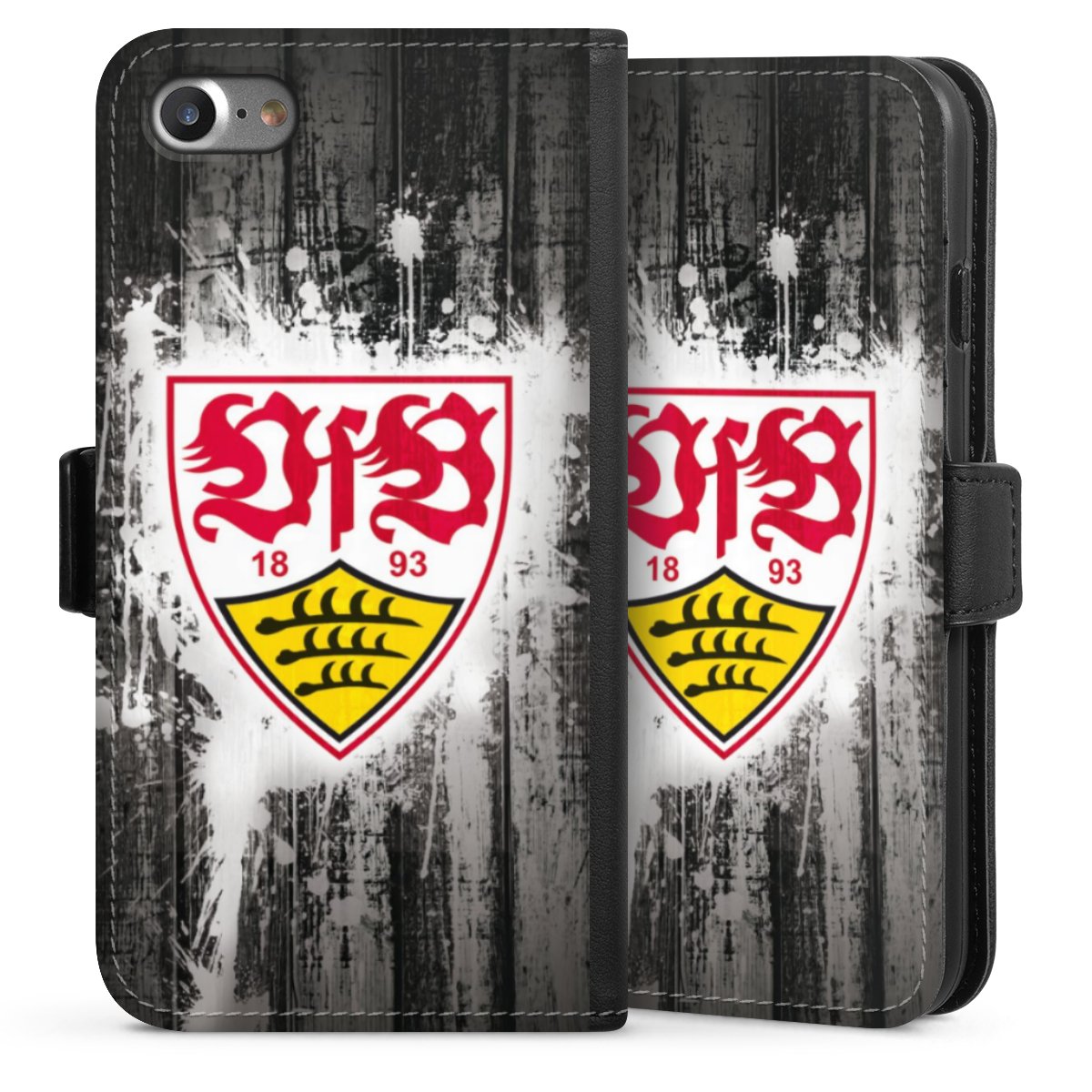 iPhone SE (2020) Handy Klapphülle Handyhülle aus Kunst Leder schwarz Flip Case Vfb Stuttgart Official Licensed Product Sideflip mit Lasche