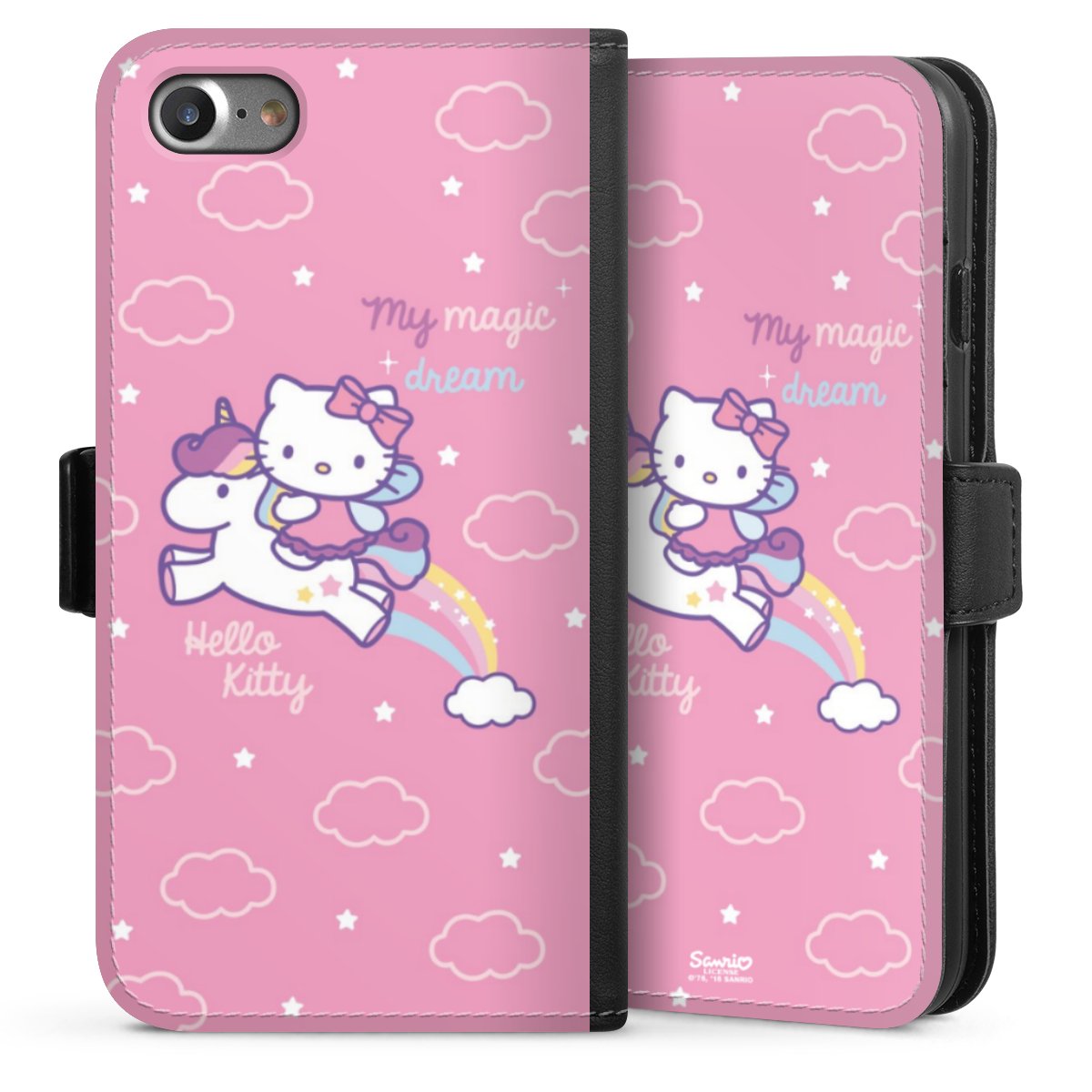 iPhone SE (2020) Handy Klapphülle Handyhülle aus Kunst Leder schwarz Flip Case Einhorn Official Licensed Product Hello Kitty Sideflip mit Lasche