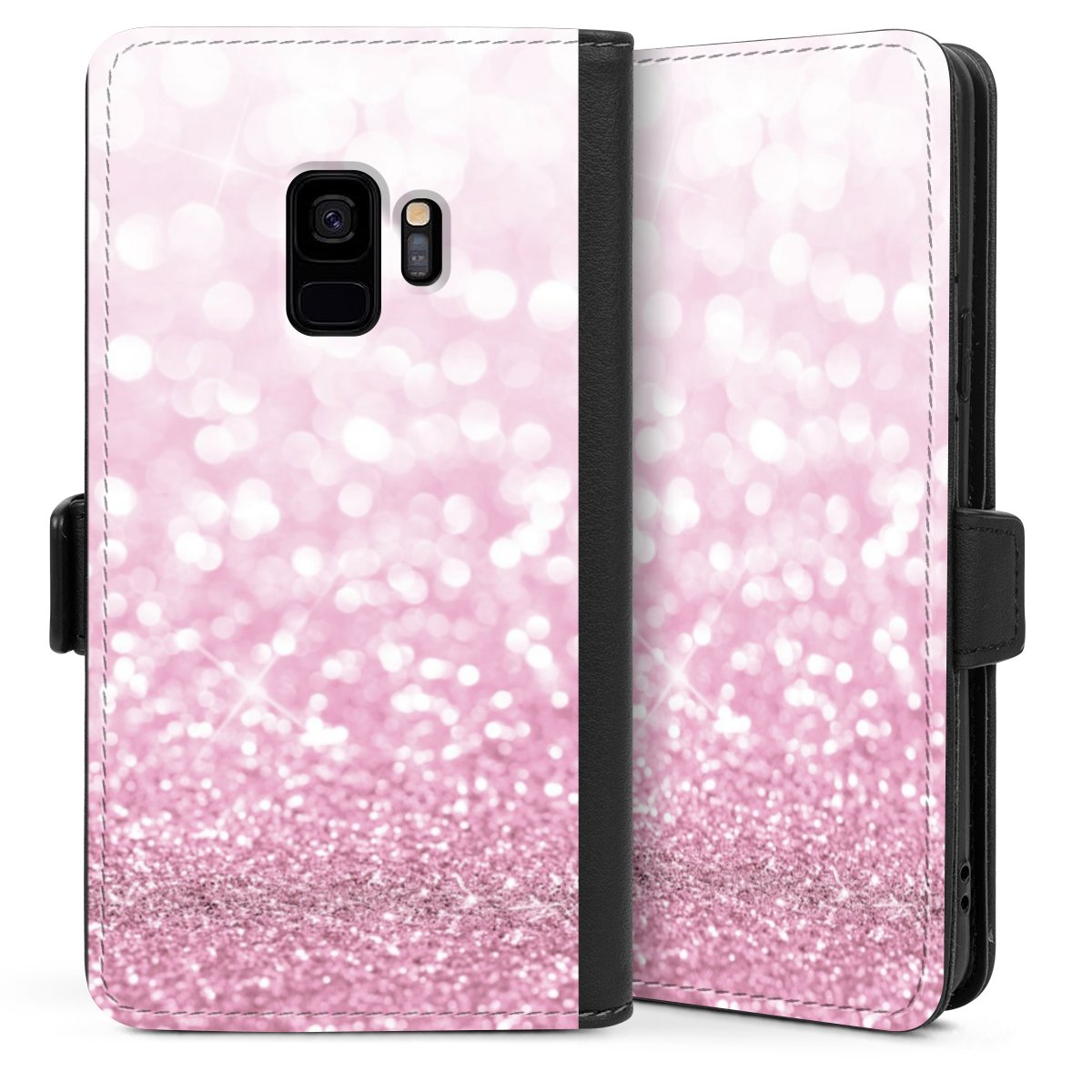 Galaxy S9 Handy Klapphülle Handyhülle aus Kunst Leder schwarz Flip Case Glitzer Pink Shine Sideflip mit Lasche