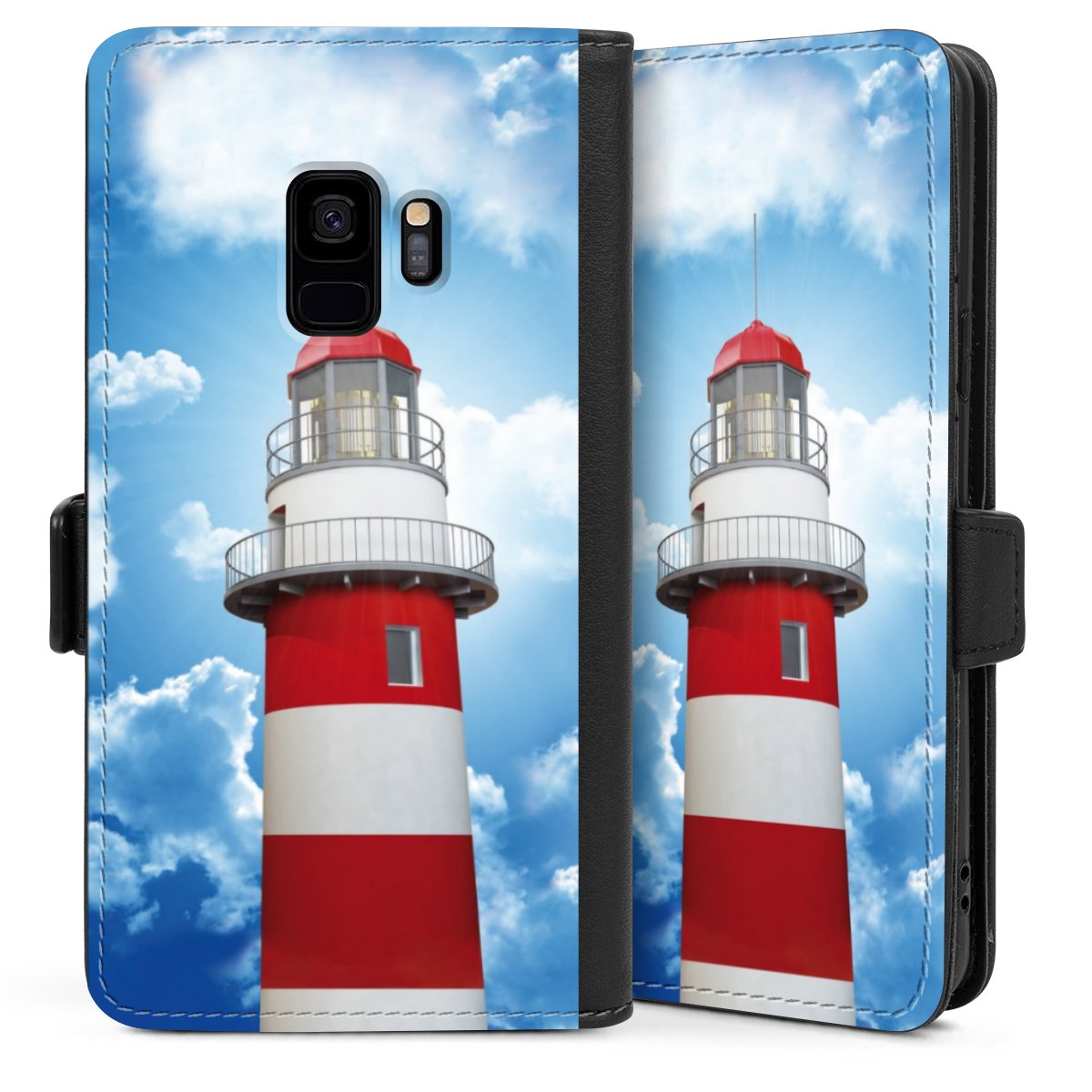 Galaxy S9 Handy Klapphülle Handyhülle aus Kunst Leder schwarz Flip Case Lighthouse Sky Cloud Sideflip mit Lasche