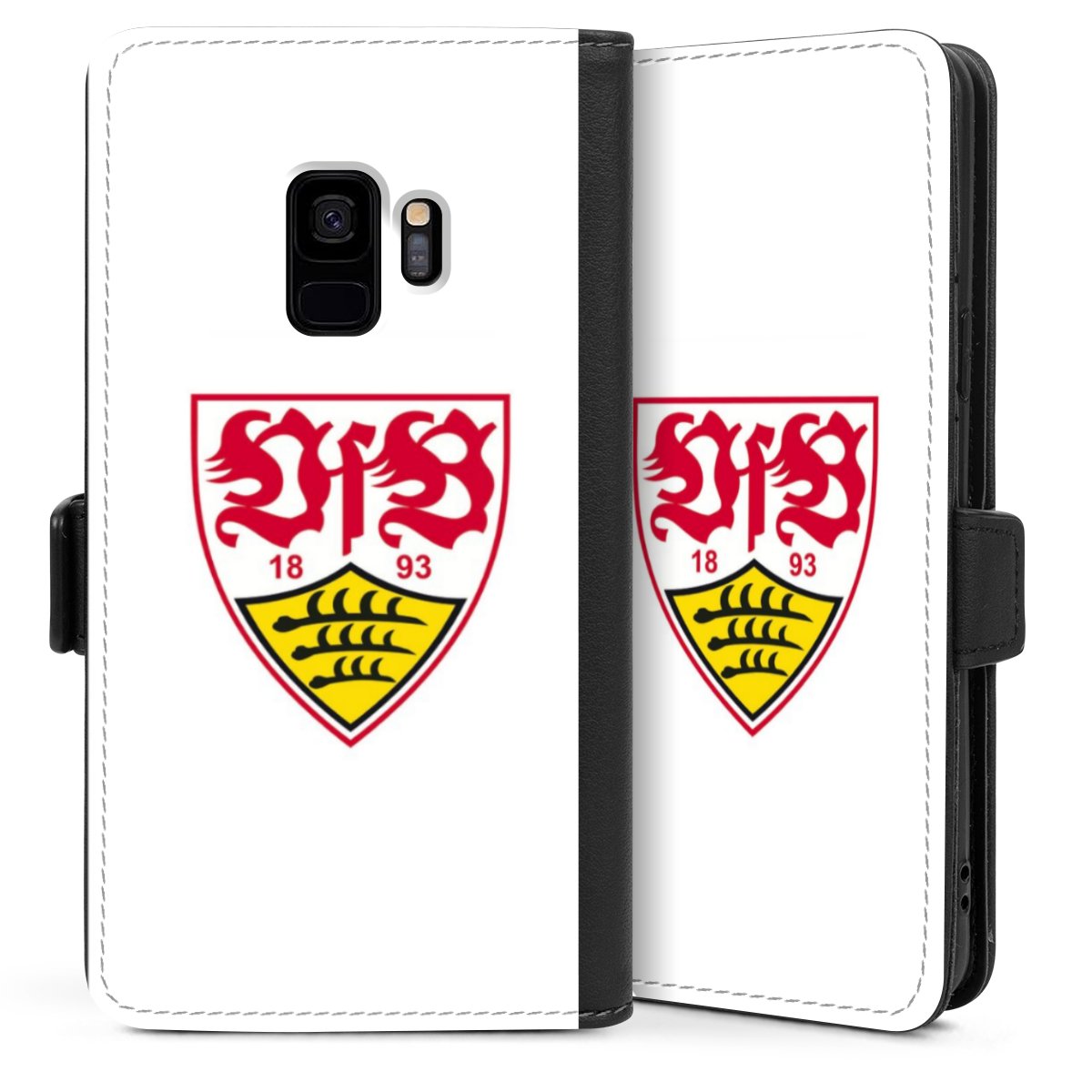 Galaxy S9 Handy Klapphülle Handyhülle aus Kunst Leder schwarz Flip Case Logo Official Licensed Product Vfb Stuttgart Sideflip mit Lasche