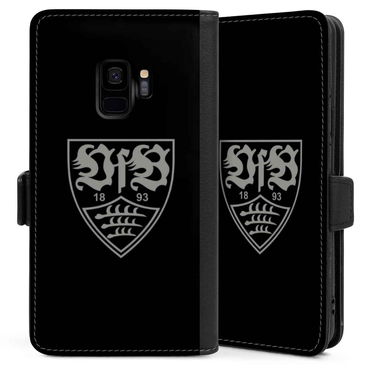 Galaxy S9 Handy Klapphülle Handyhülle aus Kunst Leder schwarz Flip Case Official Licensed Product Vfb Stuttgart Sideflip mit Lasche